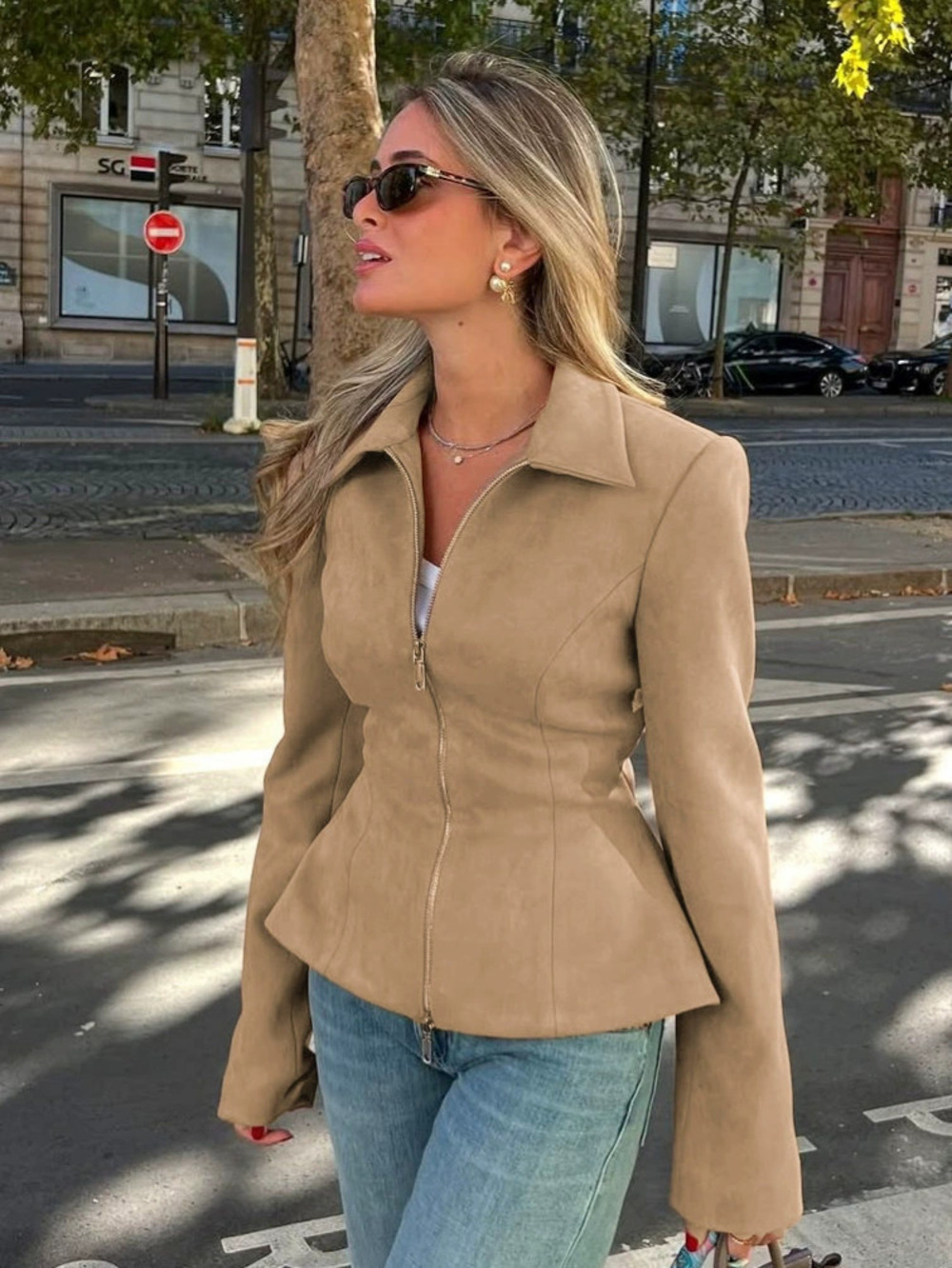 Zara Suede Jacket Fall Winter Thick Fitted Notch Collar Workwear